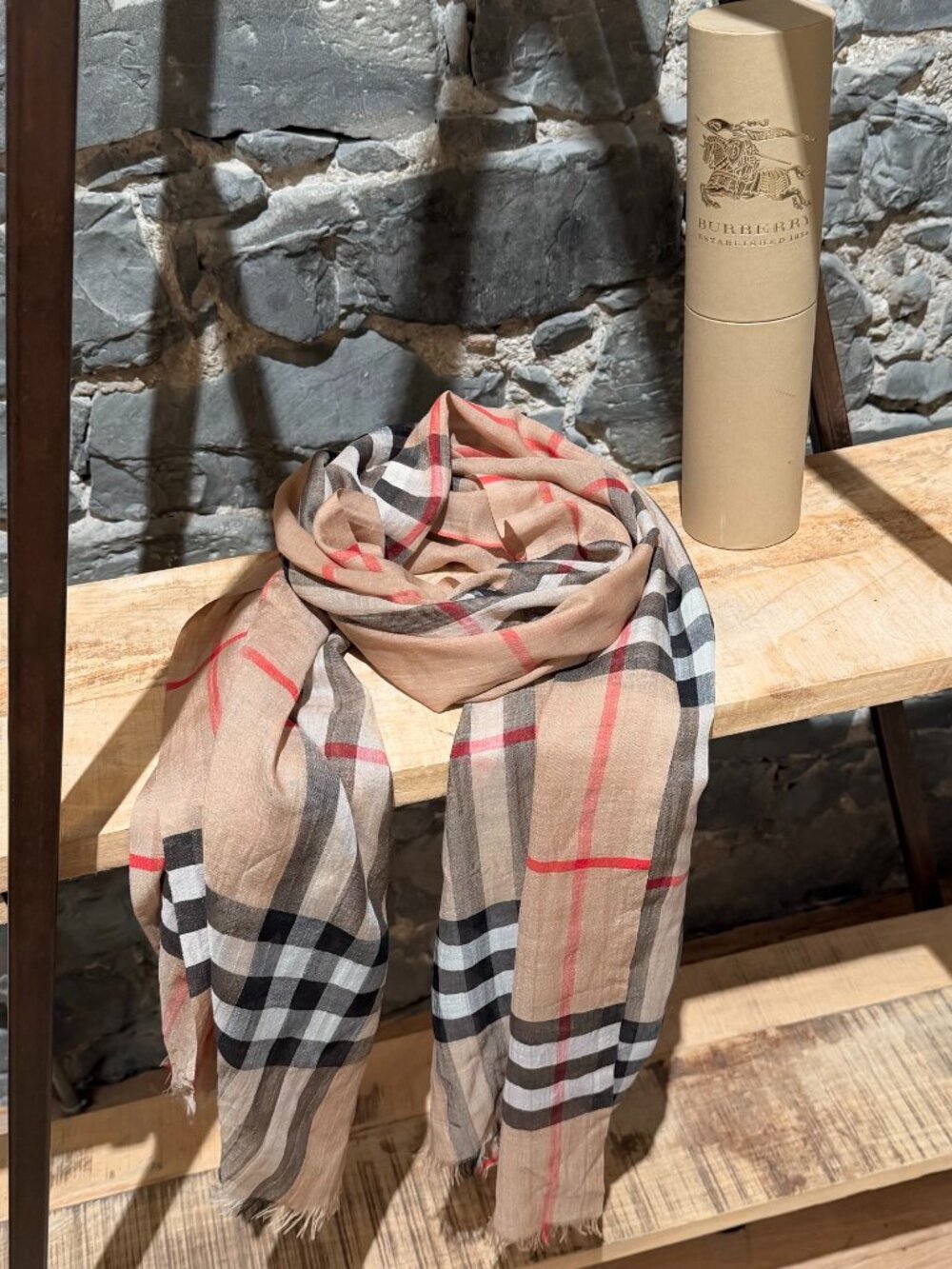 Burberry Beige Giant Check Wool Silk Gauze Light Scarf